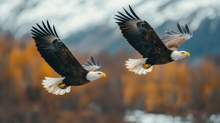 Obraz premium Two majestic eagles soar gracefully through the sky, framed by majestic mountains and autumn foliage, showcasing nature's beauty and freedom.