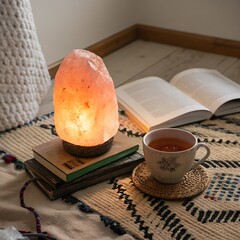 A minimalist shot featuring a Himalayan salt lamp and an open book on a rustic wooden table