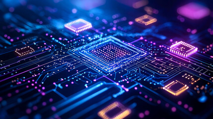 Obraz premium Abstract Circuit Board: Neon Glow, Digital Technology, Futuristic Network, Innovation, and Progress
