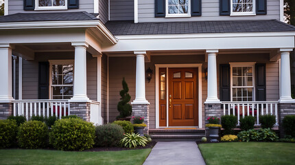 Obraz premium A suburban home's front entrance features a covered porch with white columns, a brown wooden door, and landscaping including shrubs and small trees. The house is grey siding with black shutters.