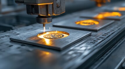 A stamping assembly line in action, with metal stamps imprinting logos onto shiny aluminum sheets