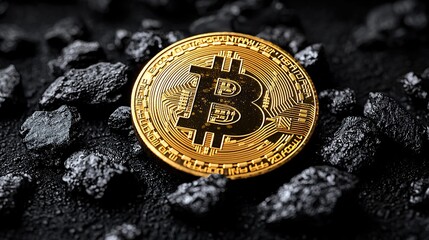 A golden bit coin sitting on top of a black table. 