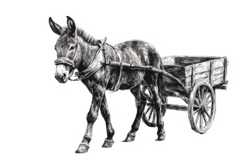 Donkey with cart sketch raster illustration, blending simplicity and tradition. PNG transparent...