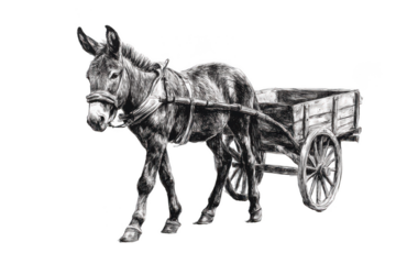 Donkey with cart sketch raster illustration, blending simplicity and tradition. PNG transparent background.