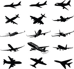 Set of Black Silhouette Airplane Vectors on a White Background