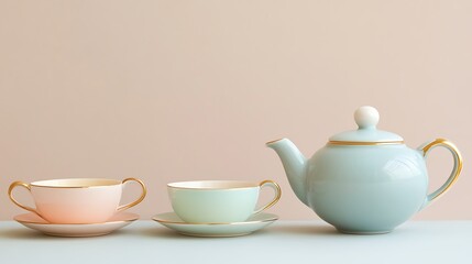 A small teapot and cups in muted pastel tones displayed elegantly