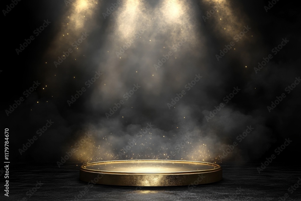 Poster dramatic spotlight on empty round stage with glowing gold edges surrounded by mist and particles in 