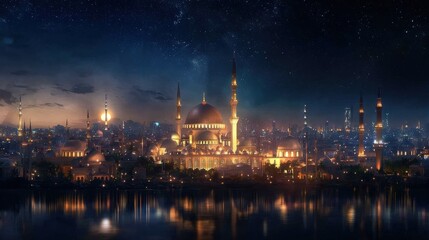 Fototapeta premium A vibrant cityscape at night with a glowing mosque and its minarets lit up