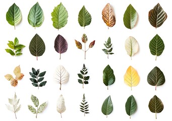 Obraz premium A set of various green tropical leaves isolated on white background