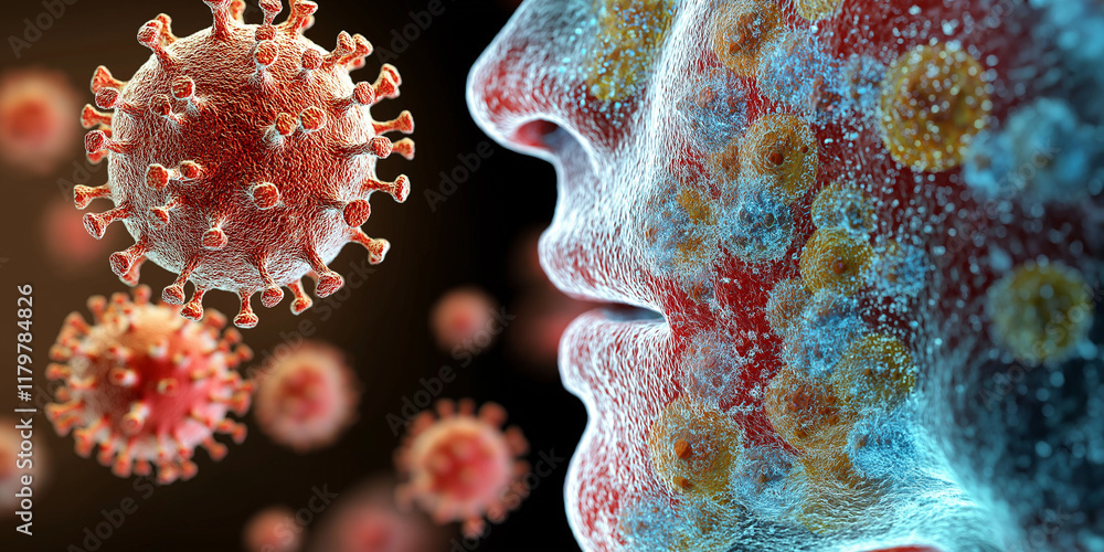 Poster hmpv human metapneumovirus. conceptual image of hmpv particles in a scientific context.