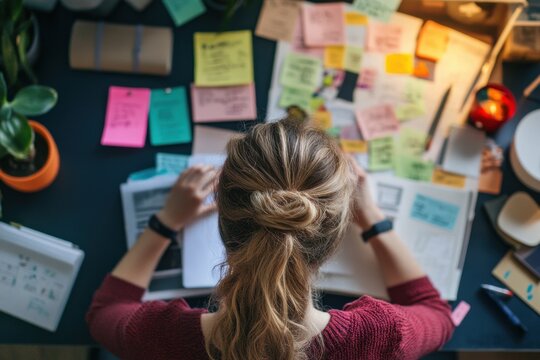Organizing study materials with notes and books on a desk in a well-lit workspace
