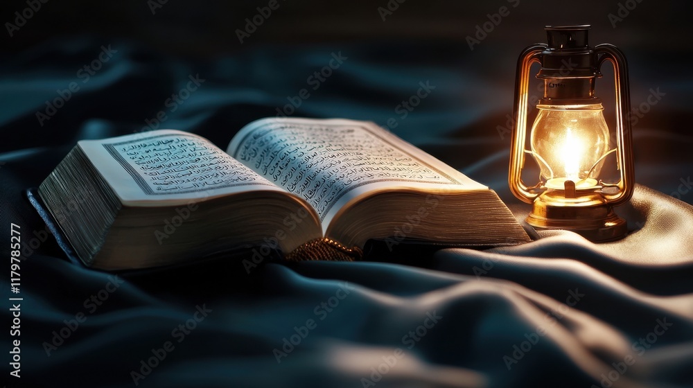 Poster an open quran placed on a soft silk cloth with a lantern glowing beside it