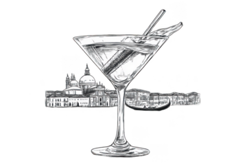 Gondola in martini cocktail glass sketch raster, merging elegance and creativity. PNG transparent background.