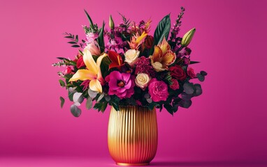 A luxurious bouquet with exotic tropical flowers arranged in a chic golden vase on a vivid purple background for valentines day