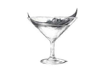 Gondola in martini cocktail glass sketch raster, merging elegance and creativity. PNG transparent background. © AnyaWhy