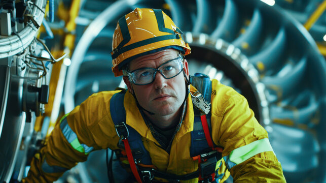 Maintenance engineer in safety gear working on machinery, focused and determined. environment is industrial and high tech