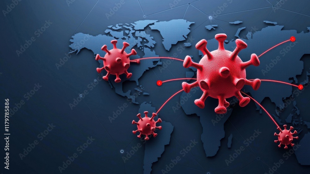 Poster an abstract representation of a virus spreading across a glowing digital world map, with red lines
