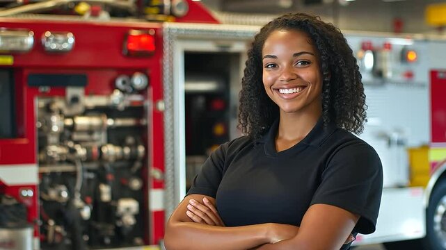 With her arms crossed and a radiant smile, the firefighter poses in front of a large fire engine, the vibrant colors and tools of the station accentuating her readiness.