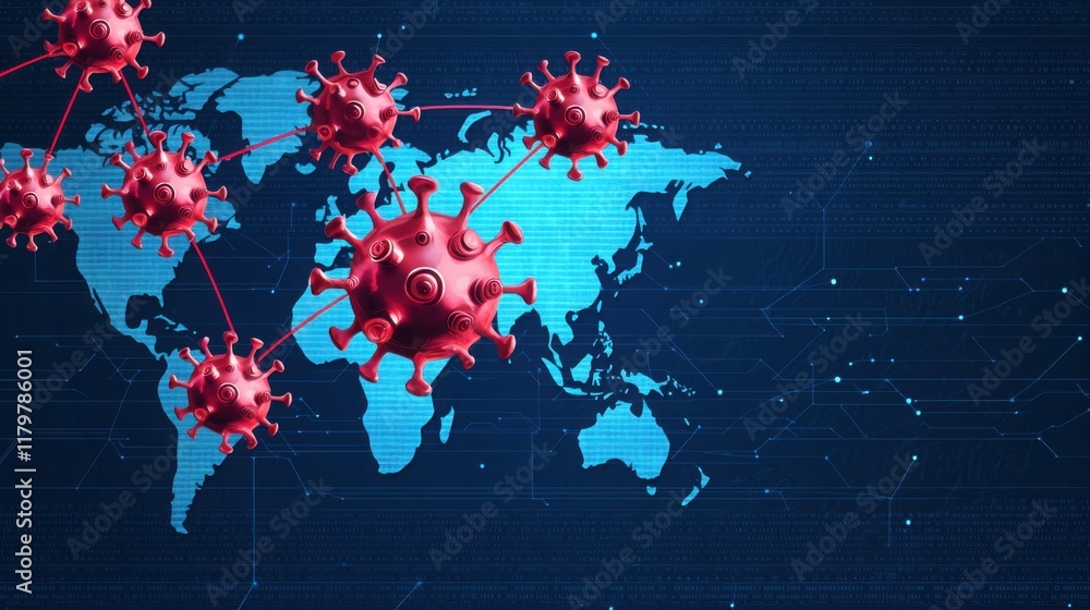 Poster an abstract representation of a virus spreading across a glowing digital world map