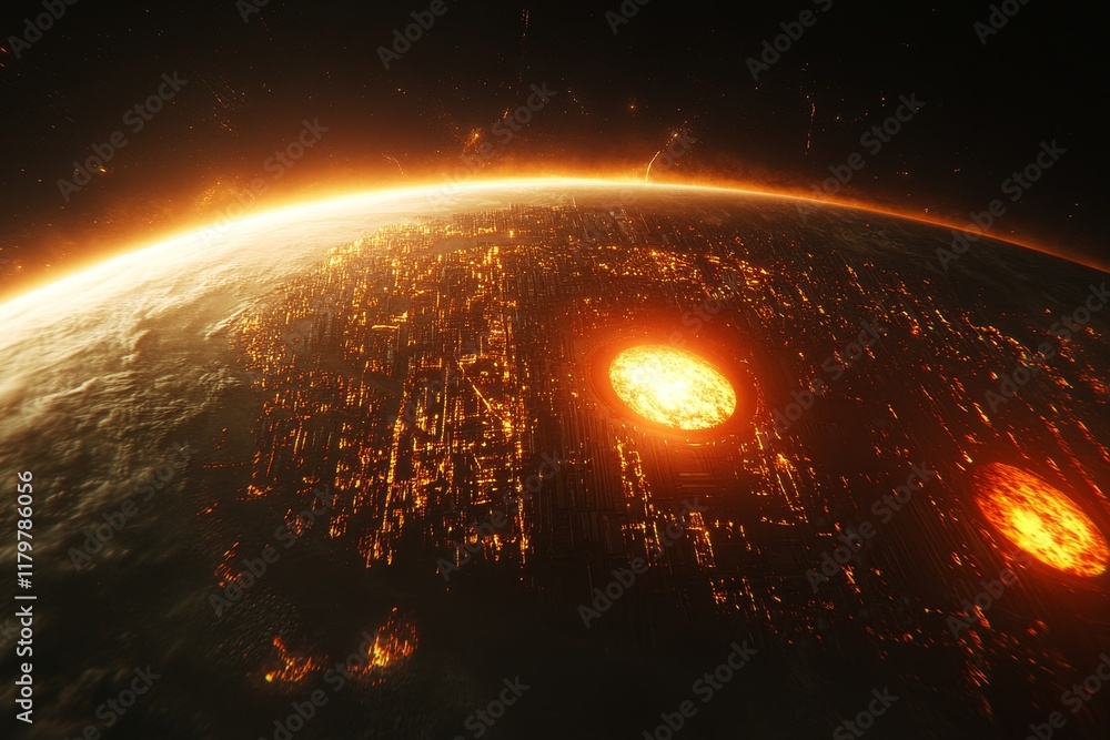 Poster dramatic view of a dystopian future with fiery celestial events over a darkened planet surrounded by