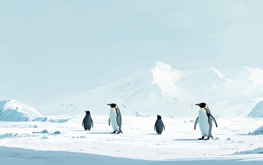 A family of penguins waddling across a snowy Antarctic landscape under a pale blue sky