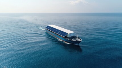 Solar powered cargo ship navigating calm waters with advanced technology
