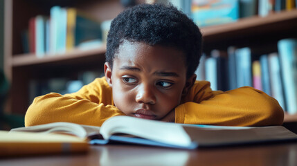 A tired African American boy lies on a stack of books at a table, looking frustrated and fatigued. Homework, problem education, trouble, stress, tired learning studying.