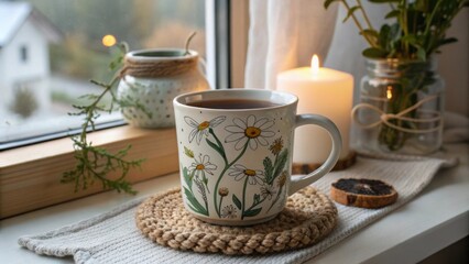 A cozy corner features a handpainted mug filled with fragrant chamomile tea resting on a knitted linen coaster. The backdrop reveals a blurred view of a small indoor plant