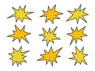 Irregular comic star shapes set. Abstract simple pop art Funky groovy sparks. Hand drawn Doodle Stars isolated on white background. Starburst explosion icon sticker for design
