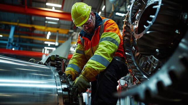 maintenance engineer works on large engine in factory, wearing safety gear - Powered by Adobe