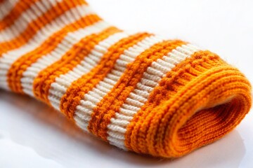 Macro Close-up of Orange Striped Sock on White Background - Detailed Texture