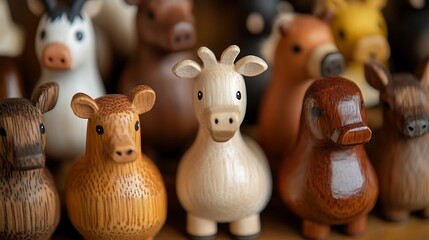 Close-up of wooden farm animal figurines with smooth finishes