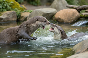 Otters wrestling playfully but suddenly showcasing their sharp teeth