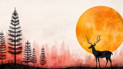 Fototapeta premium Majestic Deer Silhouette Against Vibrant Sunset and Pine Forest