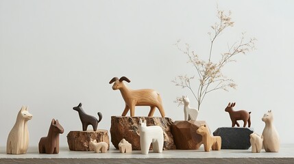 A wooden goat figurine placed in a playful arrangement with other animals