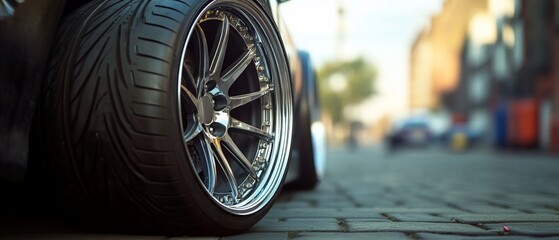 Close-up car wheel, city street background.  Automotive, transport image