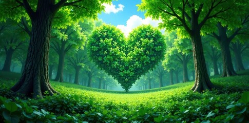 Fototapeta premium Lush green forest with a heart-shaped blue sky above, heart shape, forest