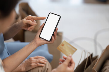 Mother and Child Shopping Online with Smartphone App - White Screen Concept for E-commerce and Digital Shopping Experience