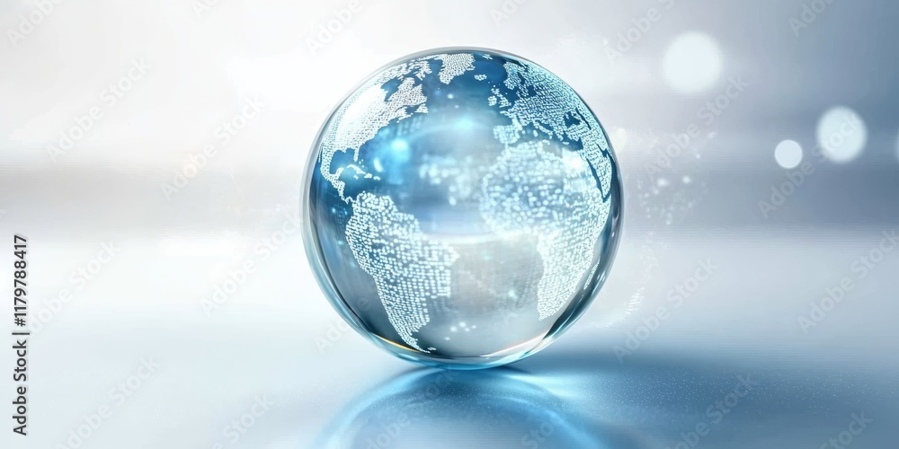 Poster visualize a digital globe inside a transparent sphere, illustrating the complex web of global tech c