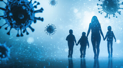 Obraz premium Four children in face masks hold hands while walking with an adult. The atmosphere reflects a health-related event focused on virus awareness and safety measures during an outbreak. Virus HMPV