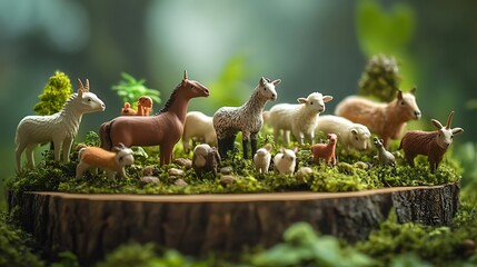 A creative setup of mini farm animals displayed on a small wooden platform