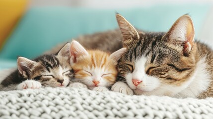 A cozy scene of a mother cat and her three kittens sleeping peacefully on a soft blanket.