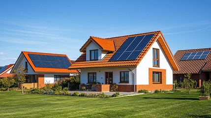 Modern house with solar panels surrounded by green lawn and blue sky in a residential area