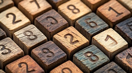 Wooden number blocks forming a grid pattern with engraved digits visible