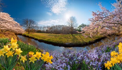 Fototapeta premium Enchanting Spring Landscape with Blooming Flowers and Flowing Stream