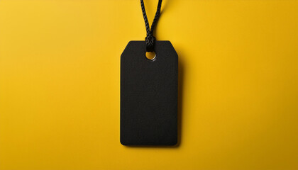 Blank black price tag on yellow background. Branding mock-up and marketing presentation