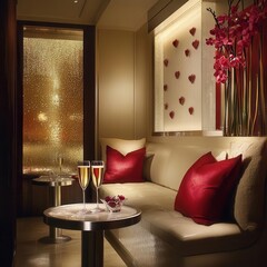 Elegant spa waiting room with champagne glasses, Valentine-themed decor, and plush seating.