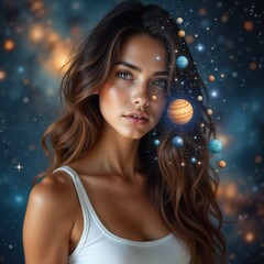 Fototapeta premium Contemplative Woman Merging with Cosmic Space Scene