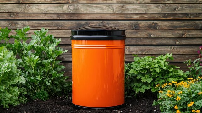 A vibrant orange compost bin surrounded by lush greenery and flowers in a backyard garden, promoting eco-friendly living