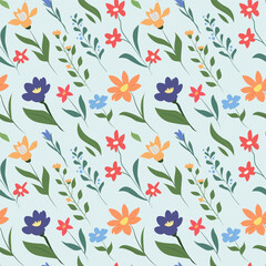 Seamless pattern with spring wild flowers. Floral background for fashion design, textile, fabric and wallpaper. Vector hand drawn illustration.